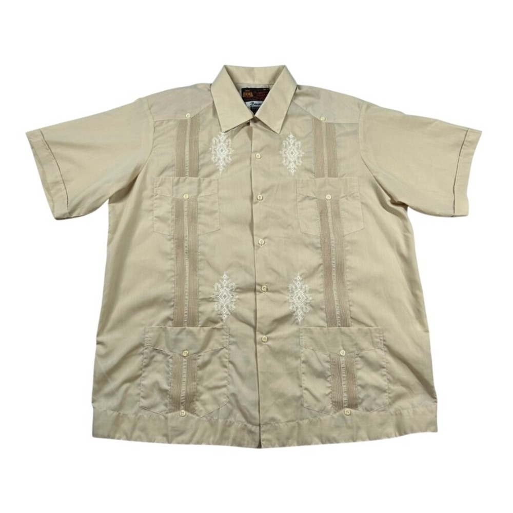 Guayaberas Yucatecas Mens XXL Tan Short Sleeve Embroidered Mexican Wedding Shirt